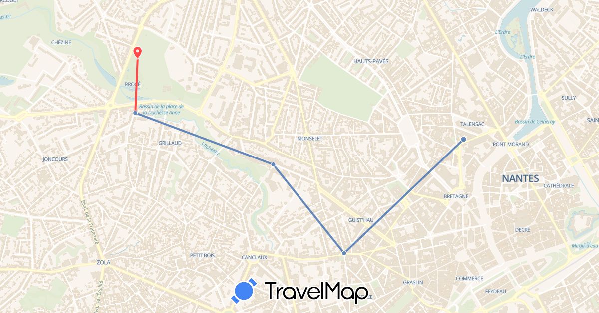 TravelMap itinerary: cycling, hiking in France (Europe)